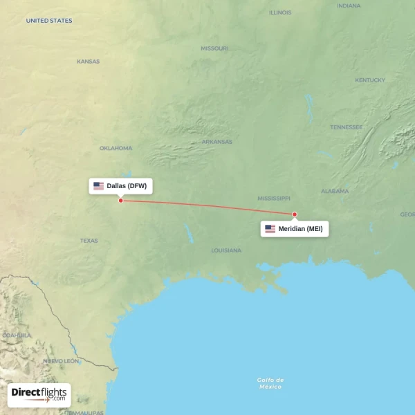 Meridian - Dallas direct flight map