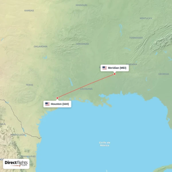 Meridian - Houston direct flight map