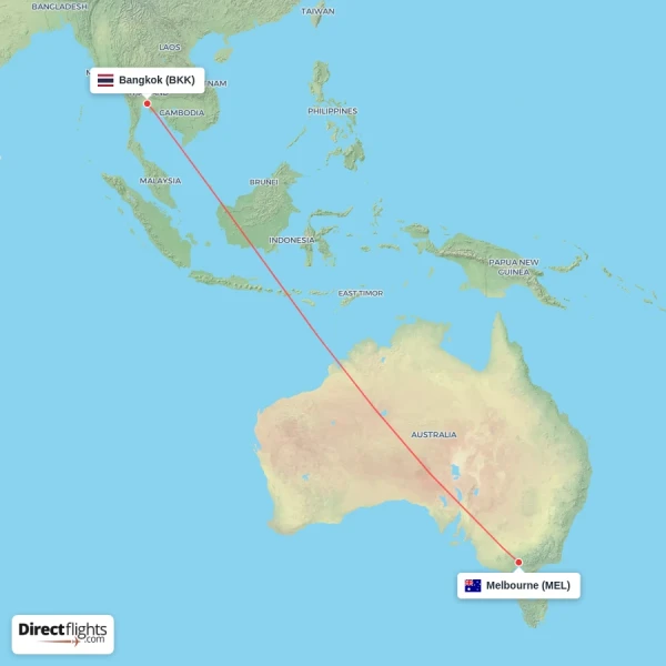 Melbourne - Bangkok direct flight map
