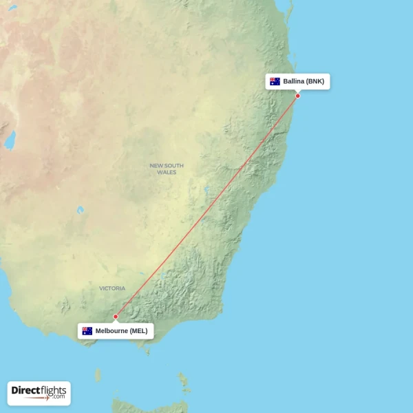 Melbourne - Ballina direct flight map