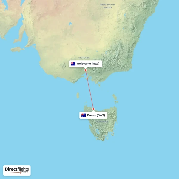 Melbourne - Burnie direct flight map