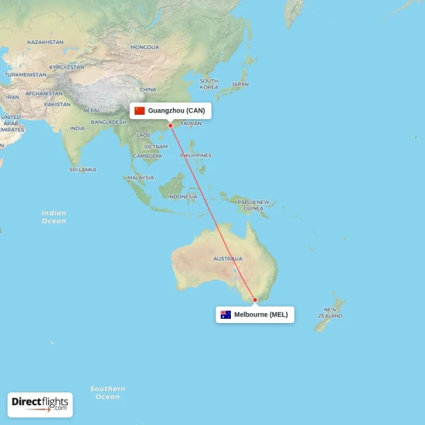 Melbourne - Guangzhou direct flight map