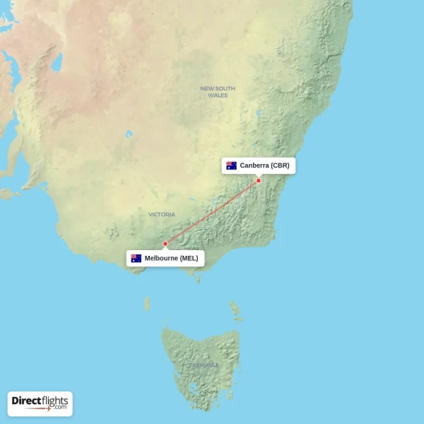 Melbourne - Canberra direct flight map