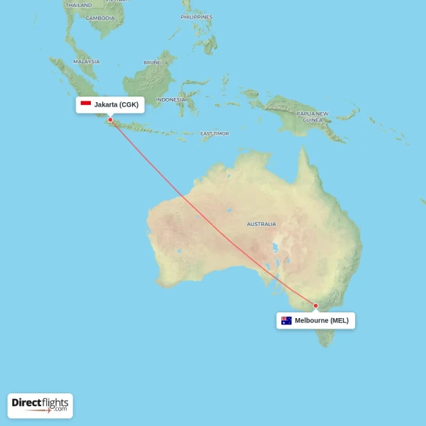 Melbourne - Jakarta direct flight map