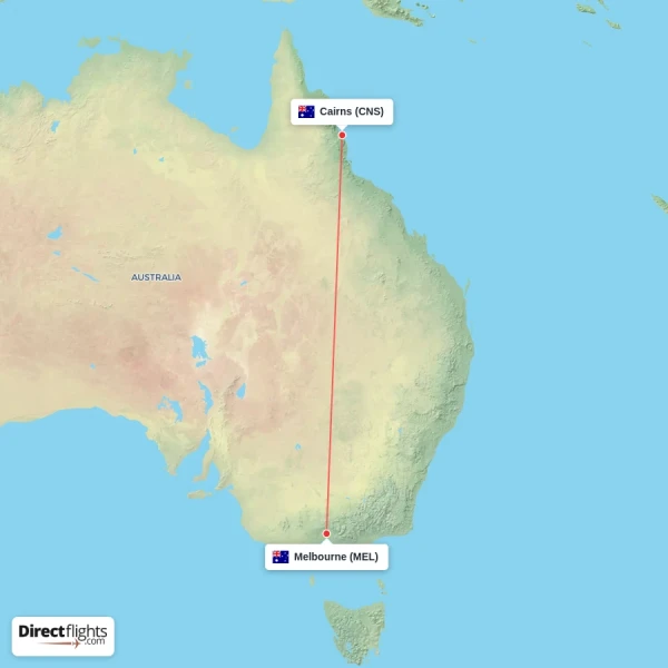 Melbourne - Cairns direct flight map