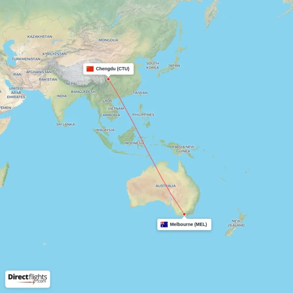 Melbourne - Chengdu direct flight map