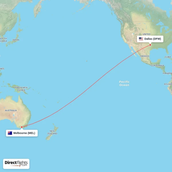 Melbourne - Dallas direct flight map