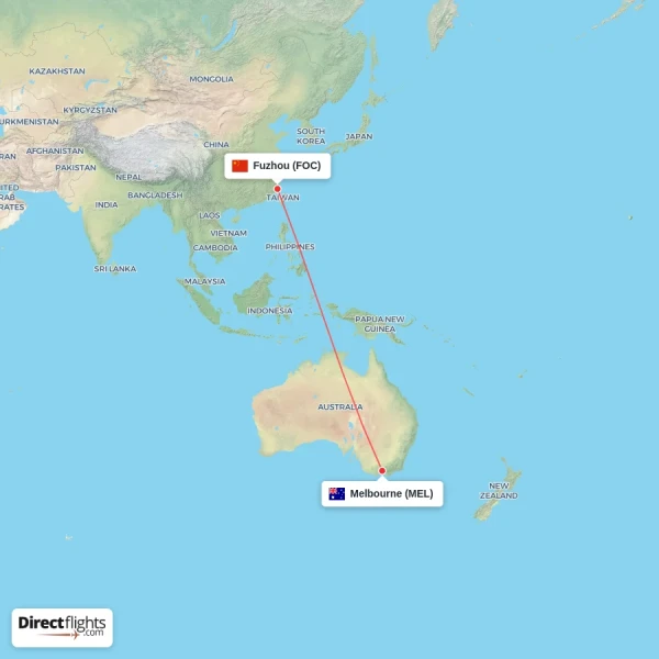 Melbourne - Fuzhou direct flight map