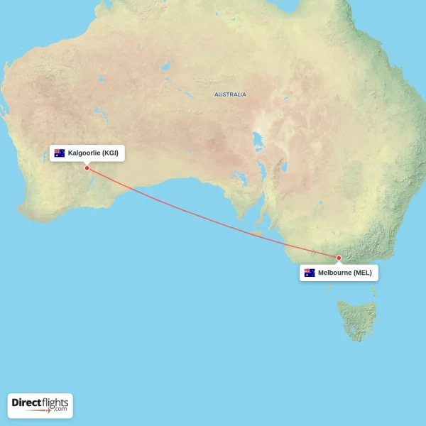 Melbourne - Kalgoorlie direct flight map