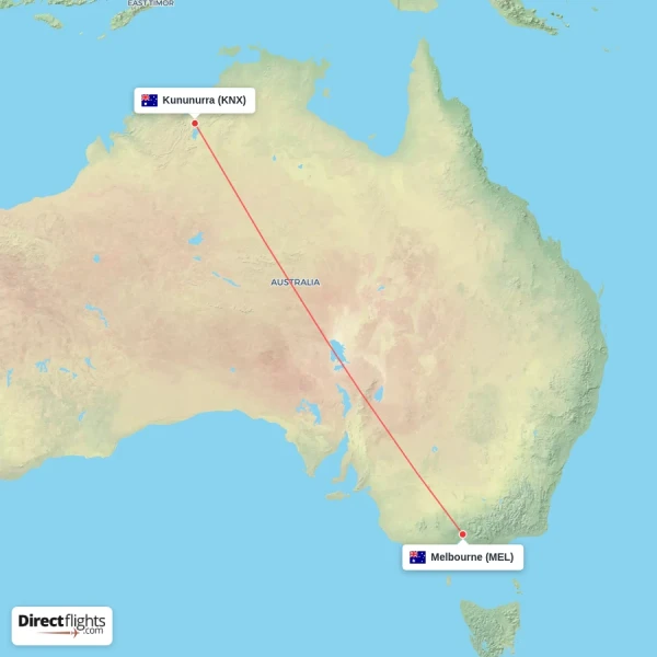 Melbourne - Kununurra direct flight map