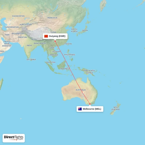 Melbourne - Guiyang direct flight map