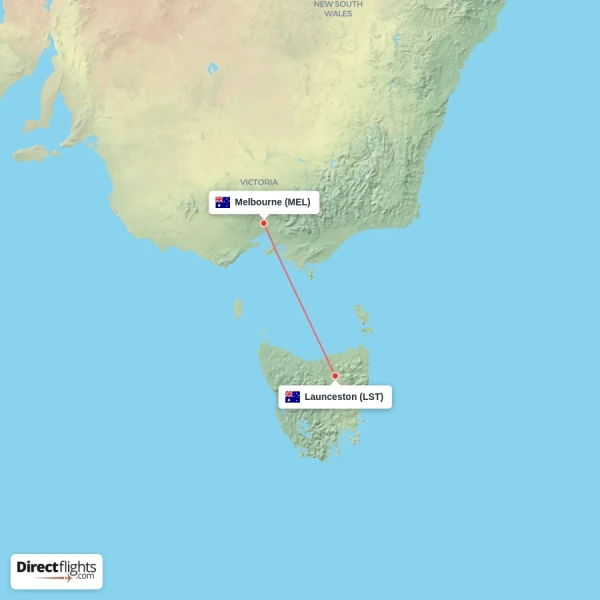 Melbourne - Launceston direct flight map
