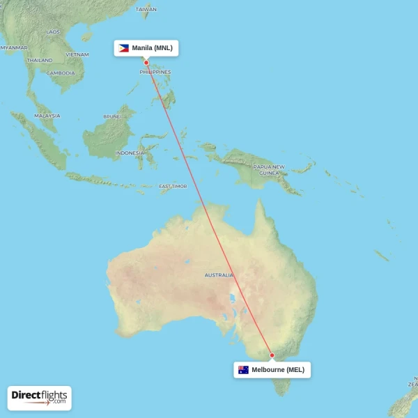 Melbourne - Manila direct flight map
