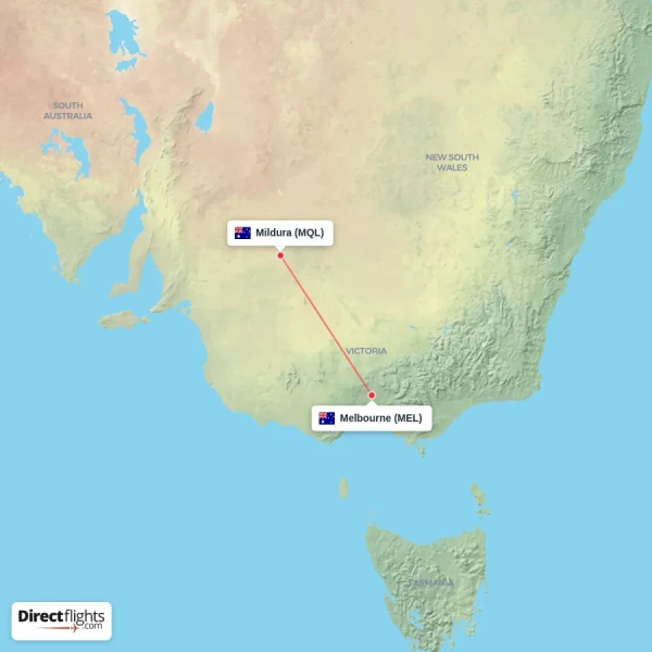 Melbourne - Mildura direct flight map