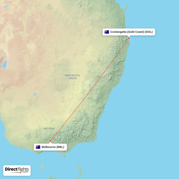 Melbourne - Coolangatta (Gold Coast) direct flight map