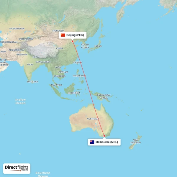 Melbourne - Beijing direct flight map