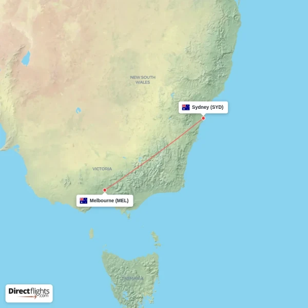 Melbourne - Sydney direct flight map