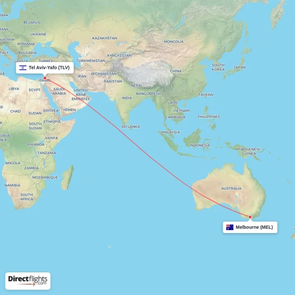 Melbourne - Tel Aviv-Yafo direct flight map