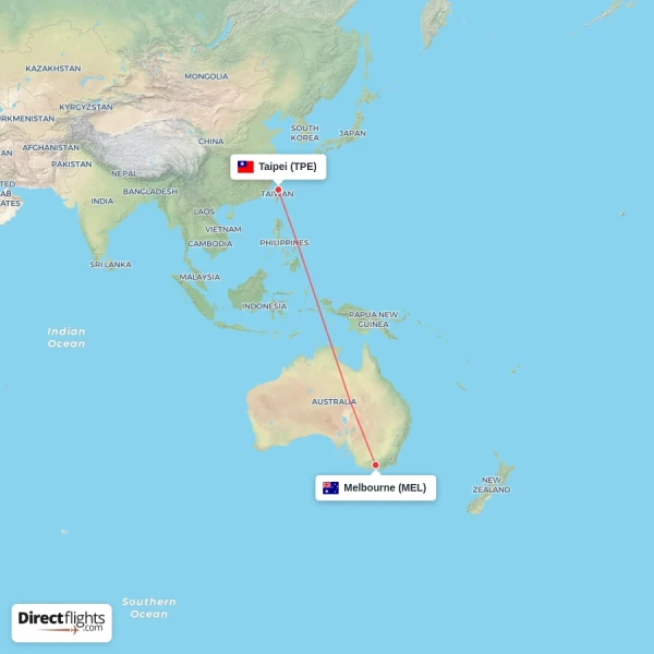 Melbourne - Taipei direct flight map