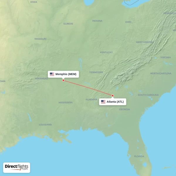 Memphis - Atlanta direct flight map