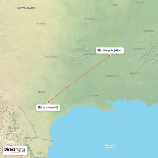 Memphis - Austin direct flight map