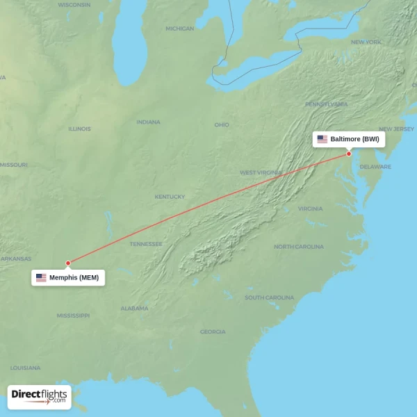 Memphis - Baltimore direct flight map