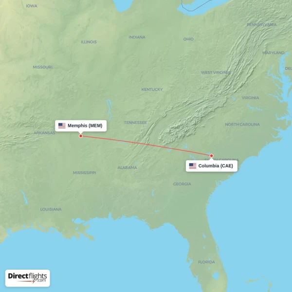 Memphis - Columbia direct flight map