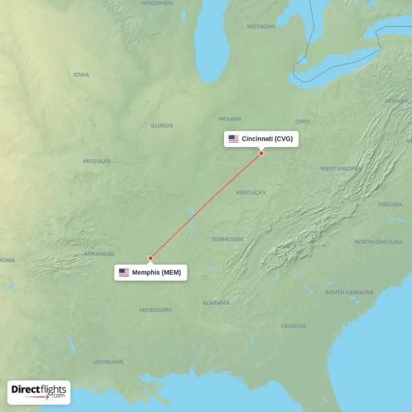 Memphis - Cincinnati direct flight map