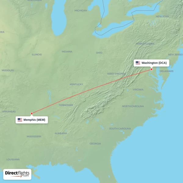 Memphis - Washington direct flight map