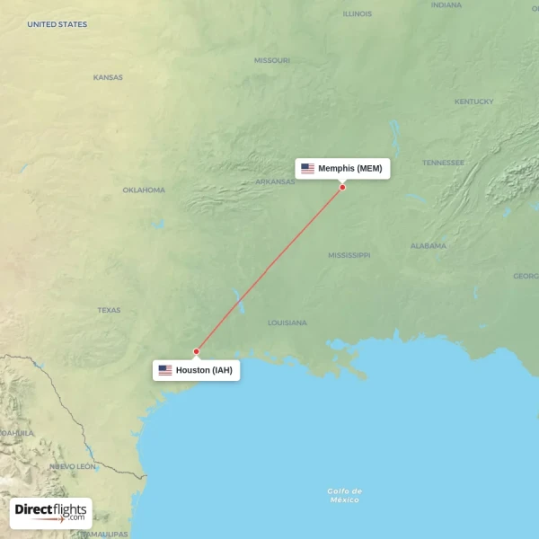 Memphis - Houston direct flight map