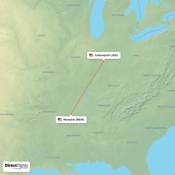 Memphis - Indianapolis direct flight map