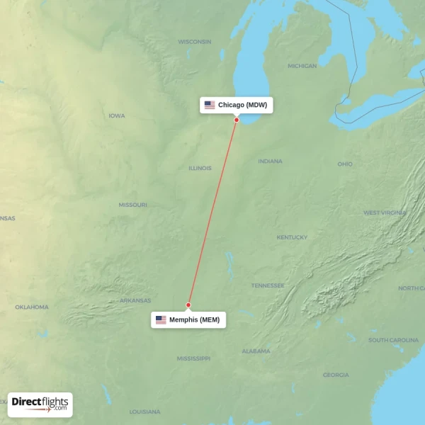 Memphis - Chicago direct flight map