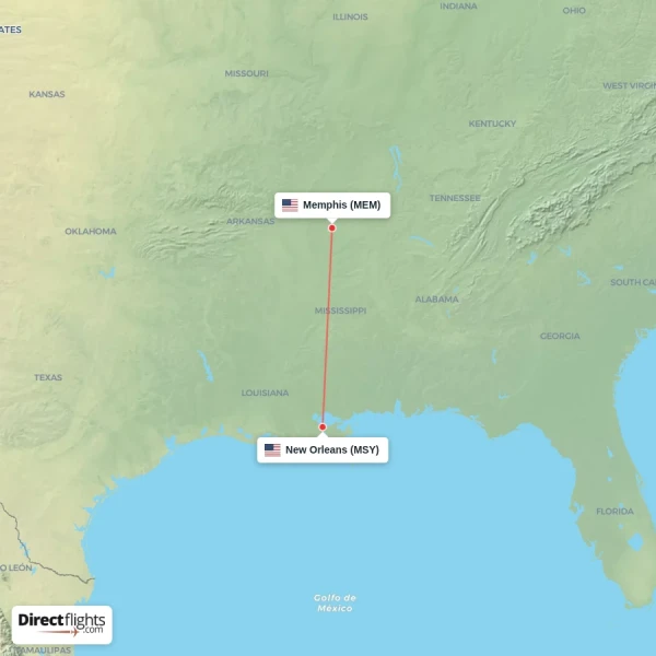 Memphis - New Orleans direct flight map