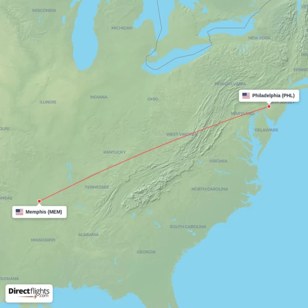 Memphis - Philadelphia direct flight map