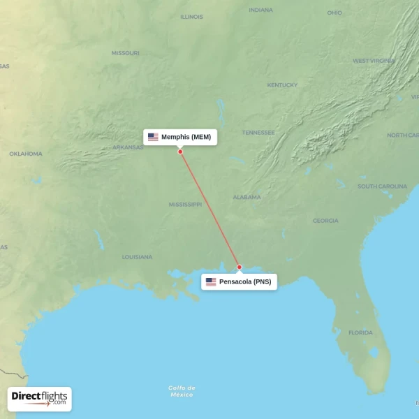 Memphis - Pensacola direct flight map