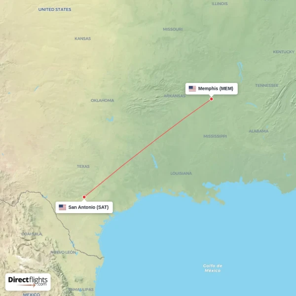 Memphis - San Antonio direct flight map