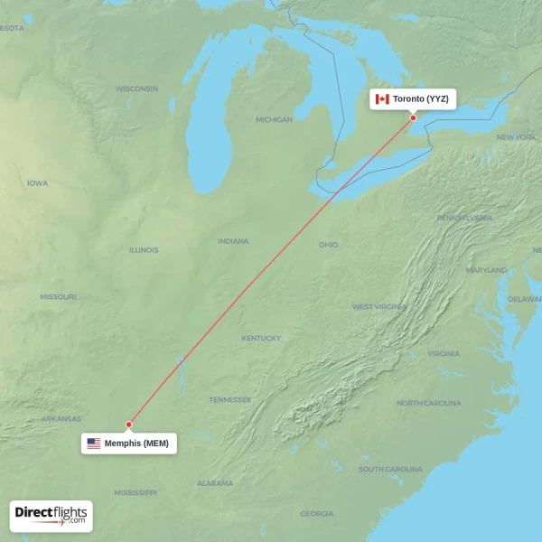 Memphis - Toronto direct flight map
