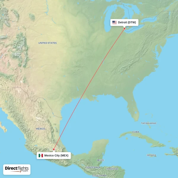 Mexico City - Detroit direct flight map