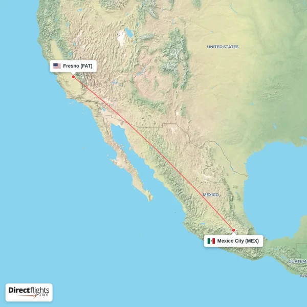 Mexico City - Fresno direct flight map