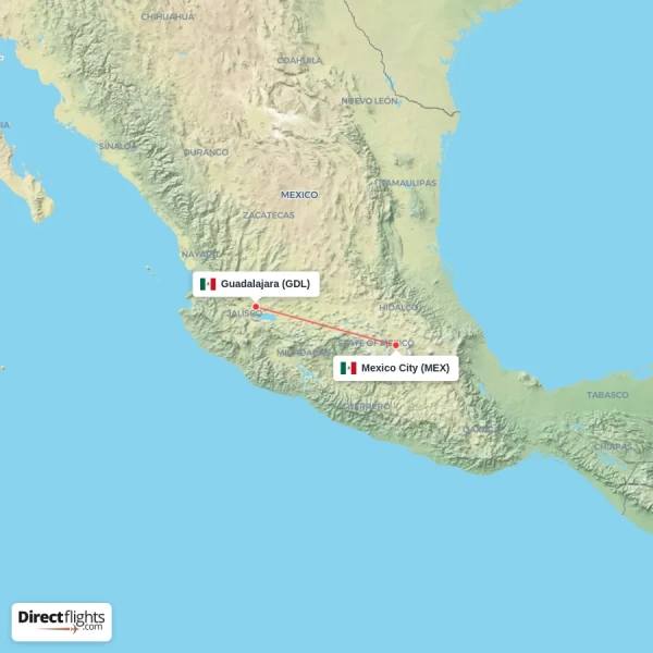 Mexico City - Guadalajara direct flight map