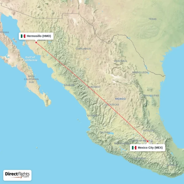 Mexico City - Hermosillo direct flight map