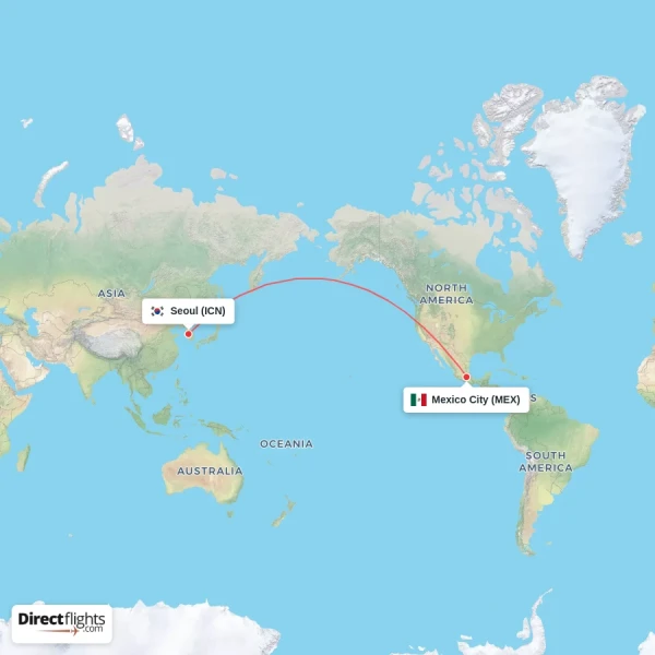 Mexico City - Seoul direct flight map