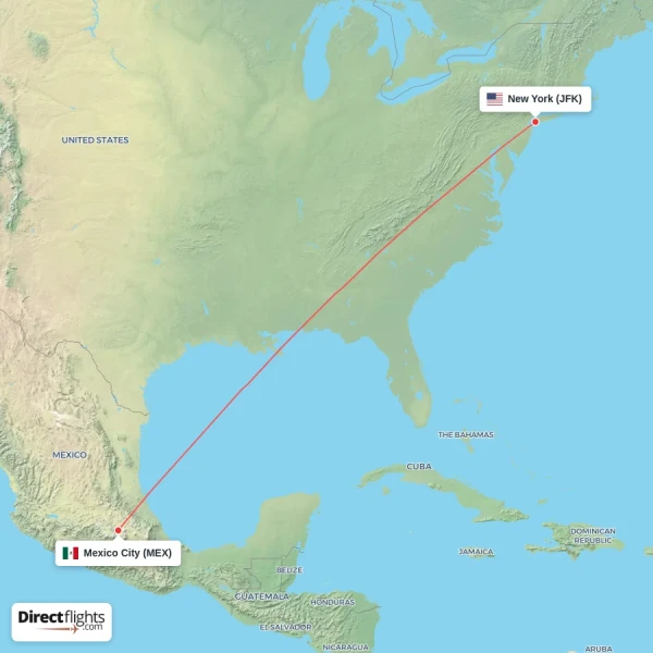 Mexico City - New York direct flight map