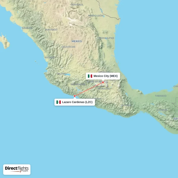 Mexico City - Lazaro Cardenas direct flight map