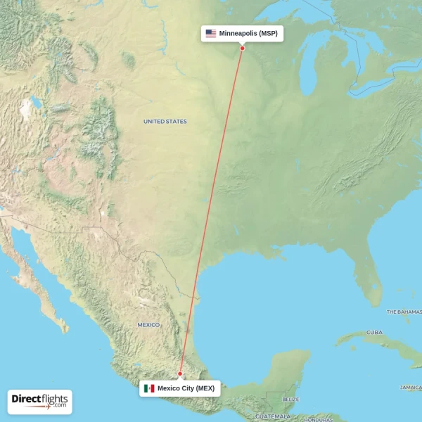 Mexico City - Minneapolis direct flight map