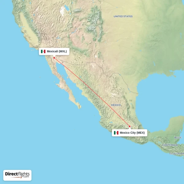 Mexico City - Mexicali direct flight map
