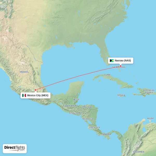 Mexico City - Nassau direct flight map