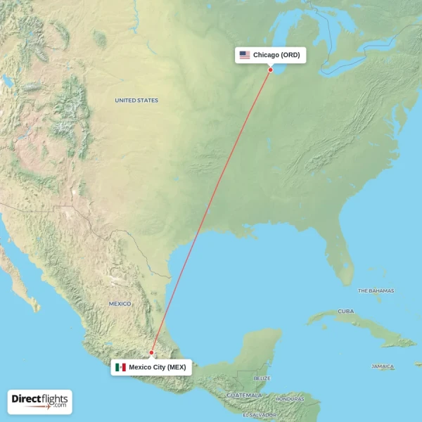 Mexico City - Chicago direct flight map