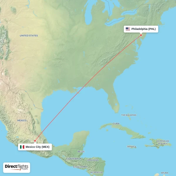 Mexico City - Philadelphia direct flight map