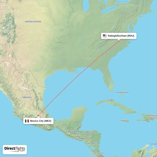 Mexico City - Raleigh/Durham direct flight map